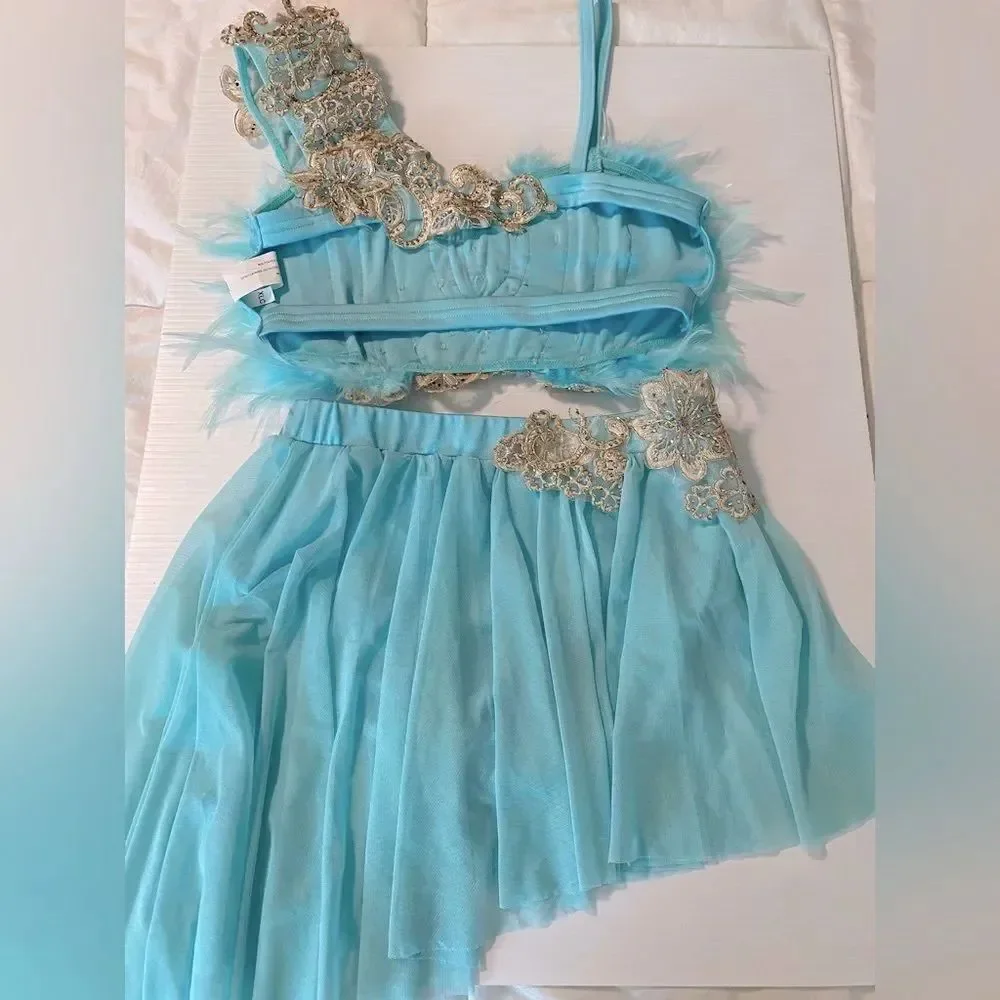 Glamour Solo Dance Costume Aqua Blue Feather jazz Broadway 2 Piece XLC Child SA